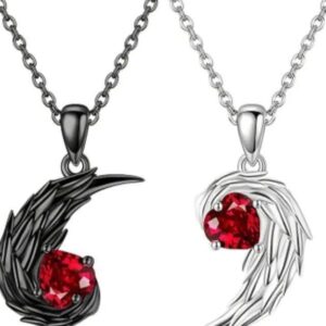 Feather Couple Necklace Red Rhinestone Feather Pendant Matching Necklace Valentine’s Day Jewelry Gifts for Women Men
