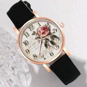 Women Arabic Number Rose Flower Round Dial Faux Leather Band Quartz Wrist Watch