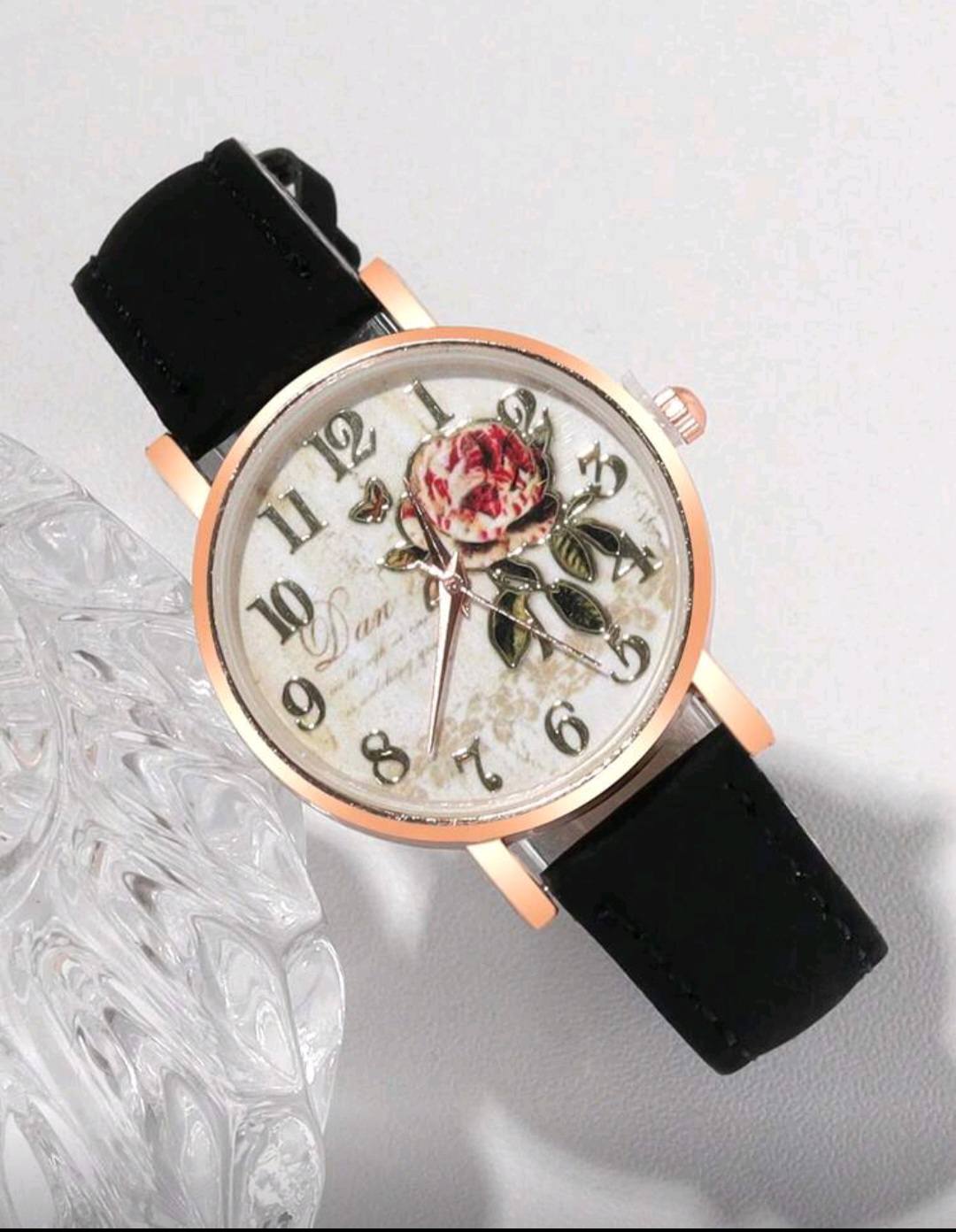 Women Arabic Number Rose Flower Round Dial Faux Leather Band Quartz Wrist Watch