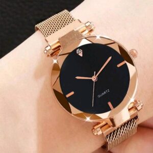 1pc Women’s Elegant Quartz Watch with Black Dial & Golden Hands, Rose Golden-Tone Case & Mesh Strap