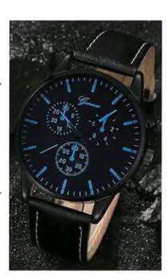 Black Geneva men's watch with a black leather band and blue accents