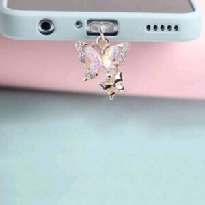 1pc Colorful Flash Diamond Butterfly Apple Mobile Phone Hanging Decoration Dust Plug Charging Port Rubber Plug