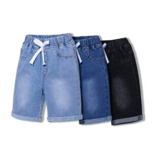 Young Boy Casual Basic Denim Shorts, Fully Elastic Waist With Fake Drawstring Decoration And Roll Up Hem Details