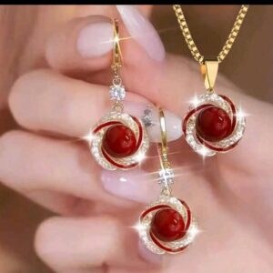 3pcs Elegant & Creative Jewelry Set – Sparkling Red Gemstone Necklace and Earrings