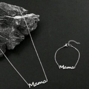 One-piece fashion stainless steel initial “Mother” pendant and one-piece chain bracelet set for women