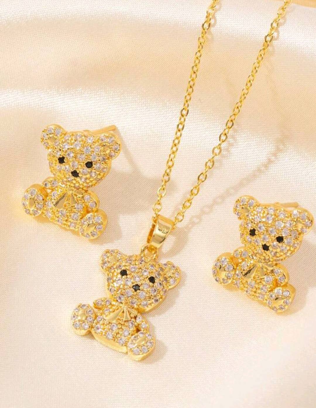 Heart Crystal Teddy Bear Necklace Earrings Sets