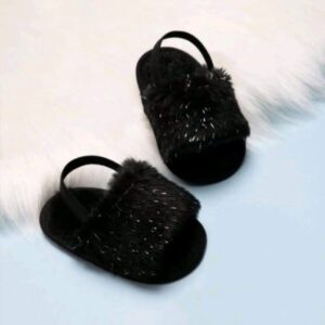Black fluffy baby sling-back sandals