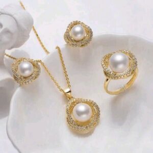 Fashion Pearl Jewelry Set Diamond Gold Plated Flower Pendant Necklace Earrings