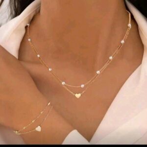 Layered Heart & Pearl Necklace and Bracelet