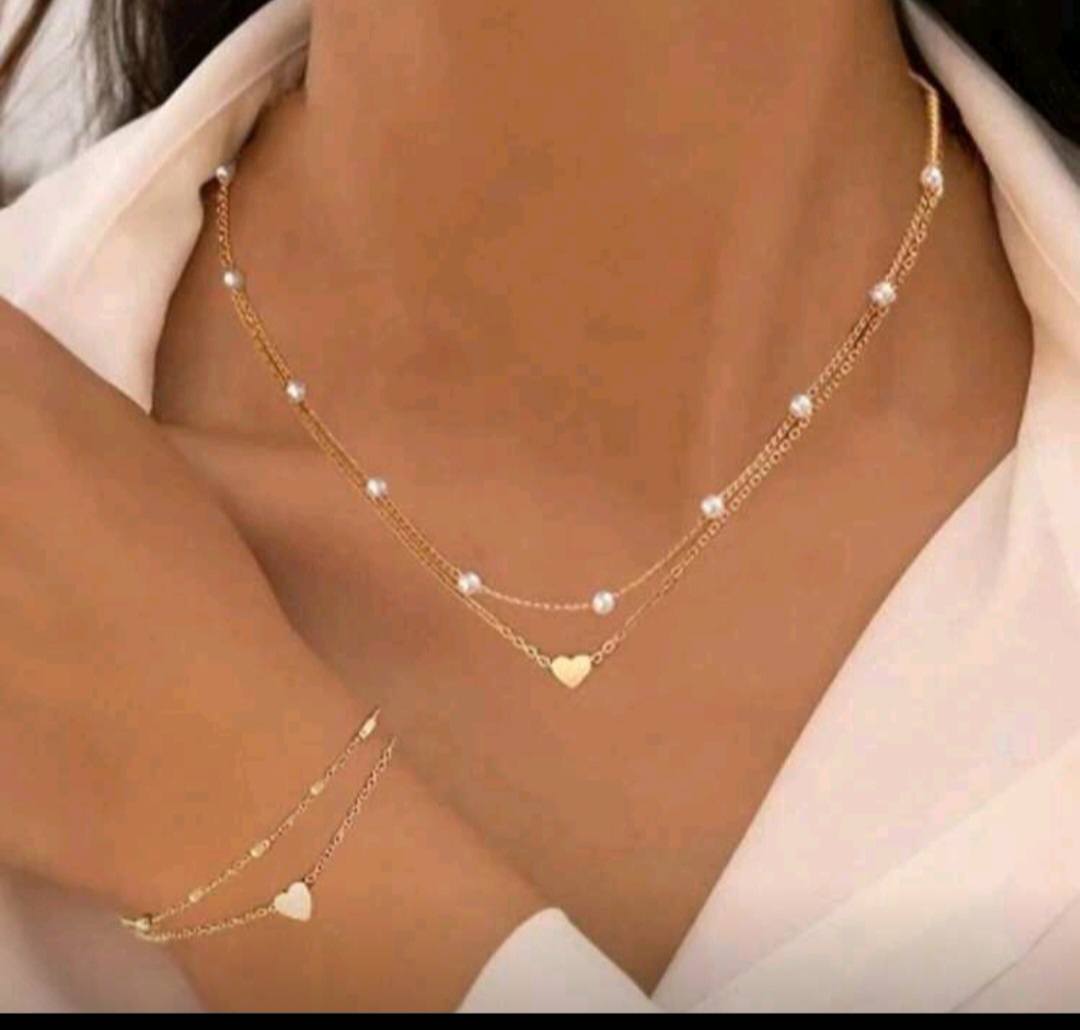 Layered Heart & Pearl Necklace and Bracelet