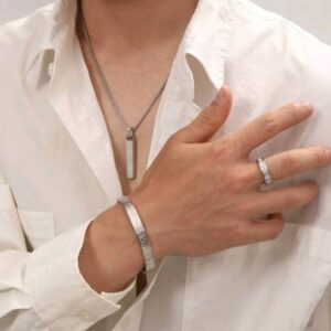 Ayat-Ul-Kursi Cuff Bracelet, Bar Necklace and Ring For Men