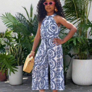 Tween Girl’ Retro Print Halter Jumpsuit Holiday Style