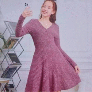 Teenage Girls’ Knitted Fleece Pullover Ribbed V Neck Long Sleeve Casual Dress