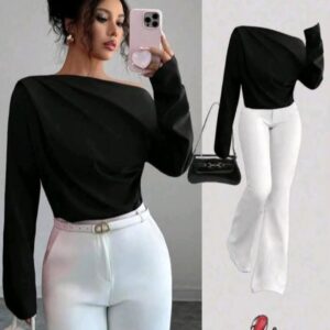 Women’s Autumn New Arrival Ruched Oblique Shoulder Long Sleeve Blouse