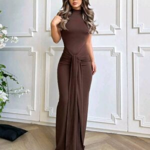 Women’s Dress with High Neck and Bow Front