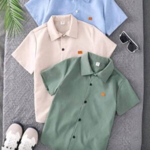 Loose Casual Versatile Small Collar Leather Patch Woven Short Sleeve Shirt