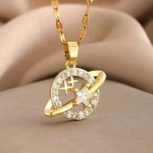 Gold Saturn Necklace: Cubic Zirconia Planet Pendant