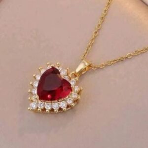 Women’s Elegant Red Heart Pendant Necklace, Gold Stainless Steel Chain