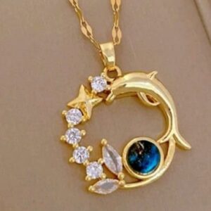 Starry Sky Planet Dolphin Pendant Necklace features cubic zirconia stones