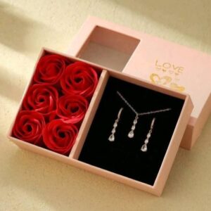 Gift box set featuring handmade soap roses and a matching silver-toned necklace and earring se