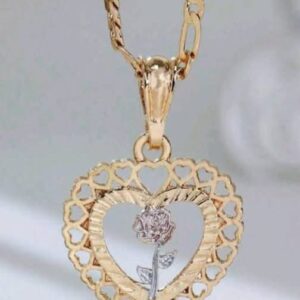Gold-plated heart pendant featuring a rose flower design in the center