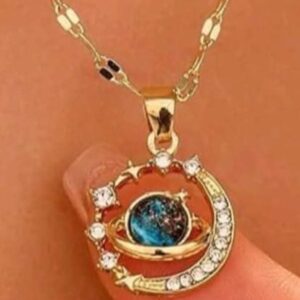 Celestial-themed galaxy planet and moon pendant necklace