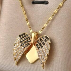 Gold Elegant Double Angel Wings and Heart Personalized Pendant Necklace