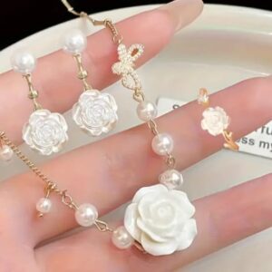 3PcsRose Flower Jewelry Red White Rose Bluebell Flower Long Necklaces Flower Dangle Earrings Rose Bluebell Bracelet Jewelry Sets For Women