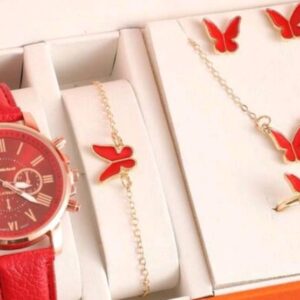 Trendy Watch Accompanied by a Set of 5 Heart-Shaped Rhinestone Bracelets, a Necklace, And Earrings