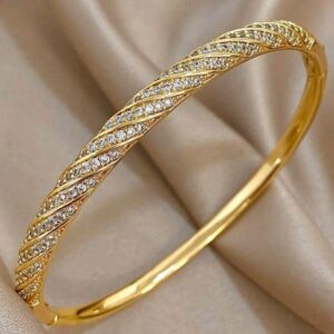Classic Sparkling Zircon Golden Plated Round Bangle for Women