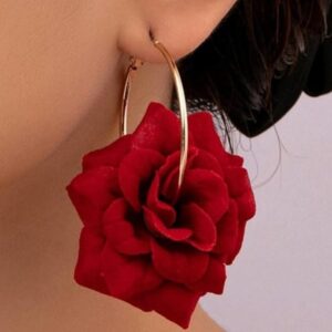 Elegant & Delicate Vivid Red Rose Hoop Earrings