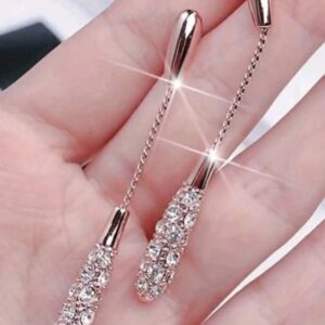 Women Earrings Long Shiny Rhinestone Inlaid Column Shape Chain Drop Earrings