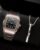 1pc Men Watch Gold Stainless Steel Strap Fashionable Letter Detail Square Dial Quartz Watch & 1pc Pendant Necklace